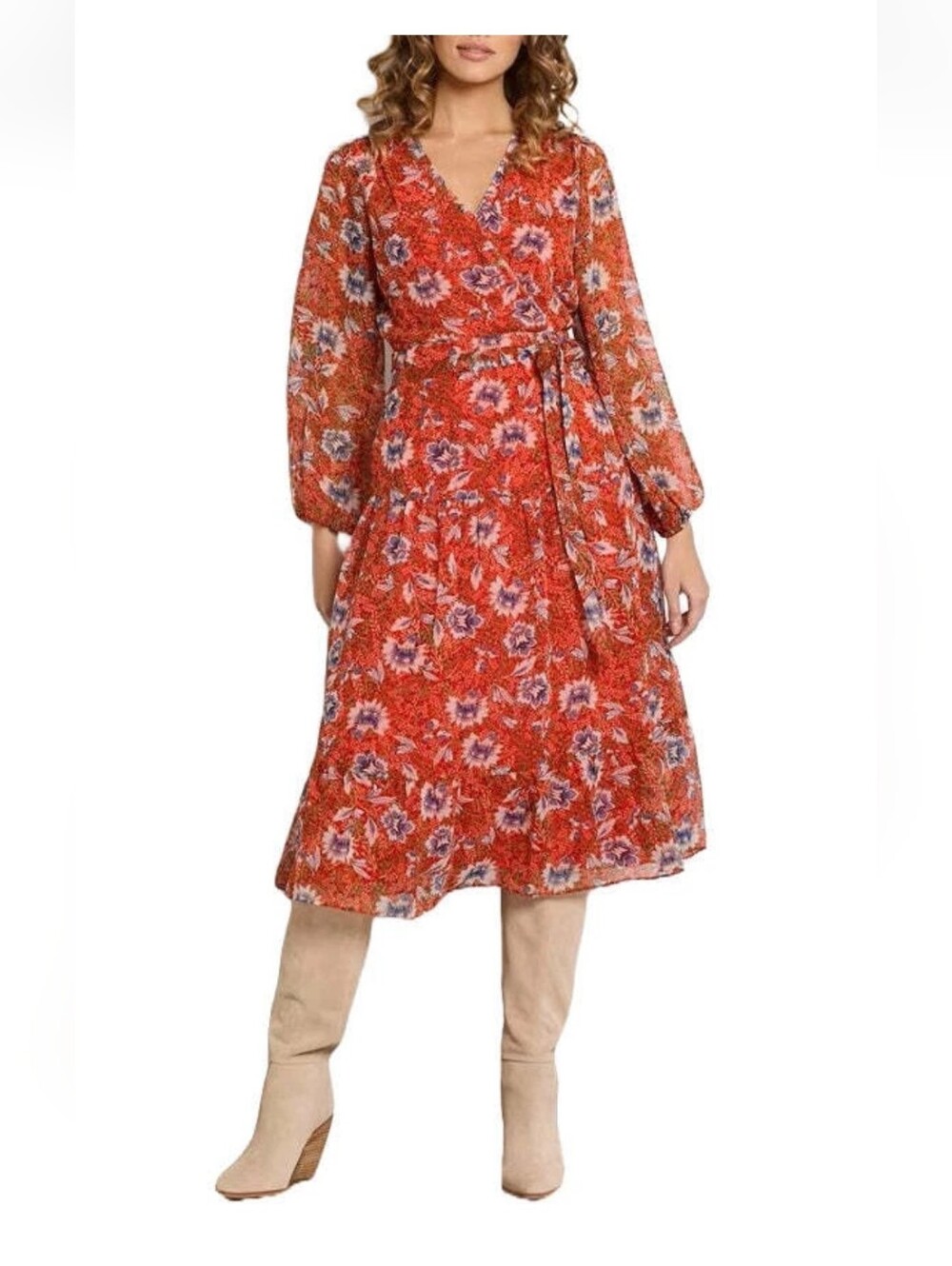Sam Edelman V-Neck Long Sleeve Tie Side Floral Print A-Line Chiffon Dress